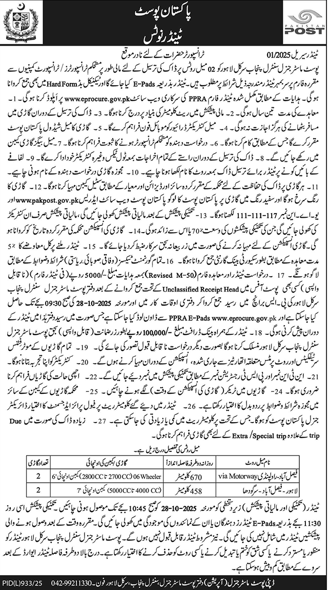 Pakistan Post Lahore Tender Notice